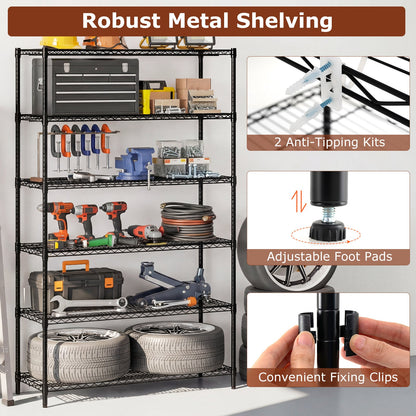 6-Tier Metal Storage Shelving Unit with V-Shaped Wire Rack for Home Garage-Black