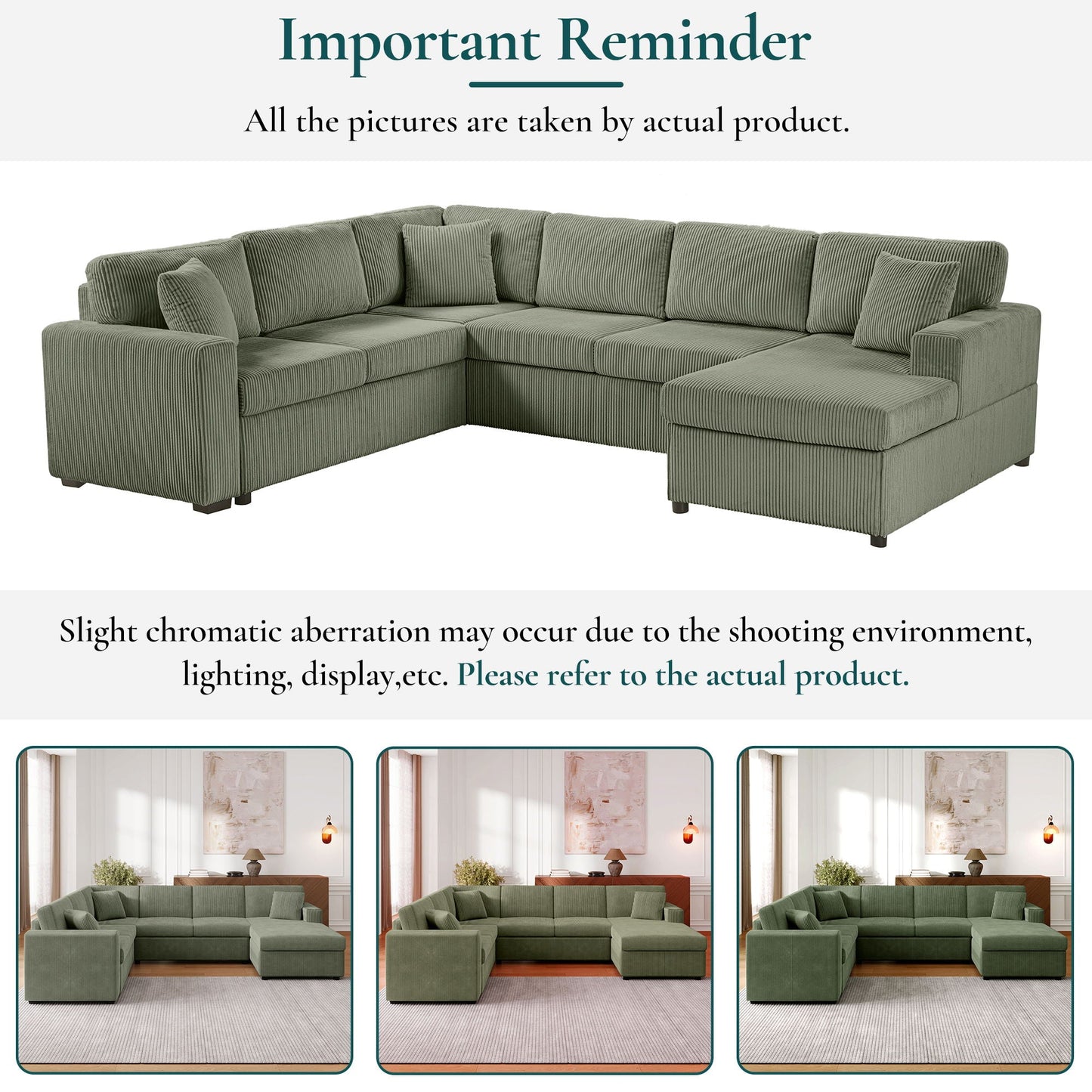 Oversized Sectional U-Shaped Sofa With Chaise Lounge And Three Soft Throw Pillows