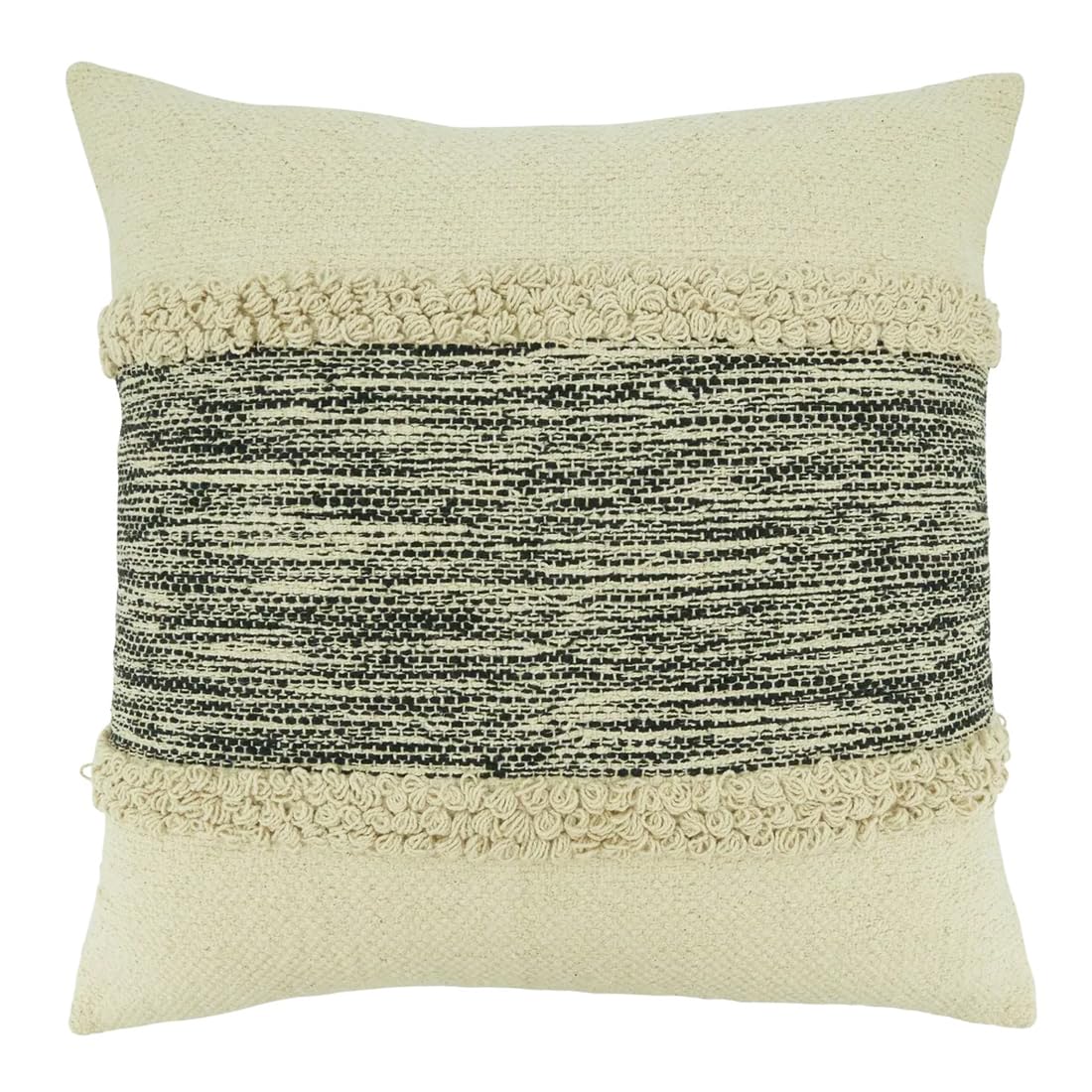 Fennco Styles Stripe Chindi Design Cotton Decorative Throw Pillow 20" W X 20" L – Black & Natural Textured Cushion for Couch, Sofa, Bedroom, Office and Living Room Décor