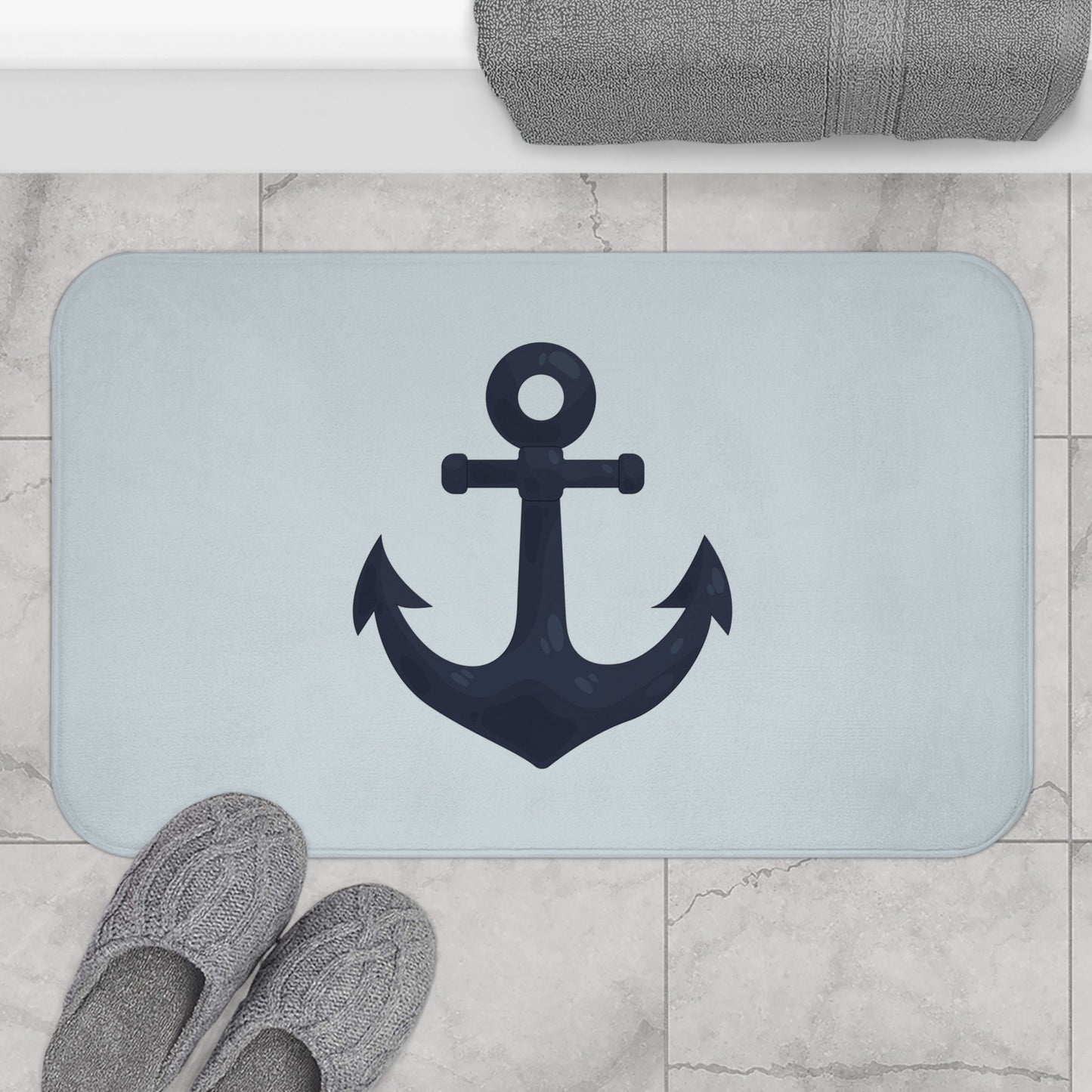 Elegant Nautical Anchor Bath Mat — Coastal Pale Blue Bathroom Rug