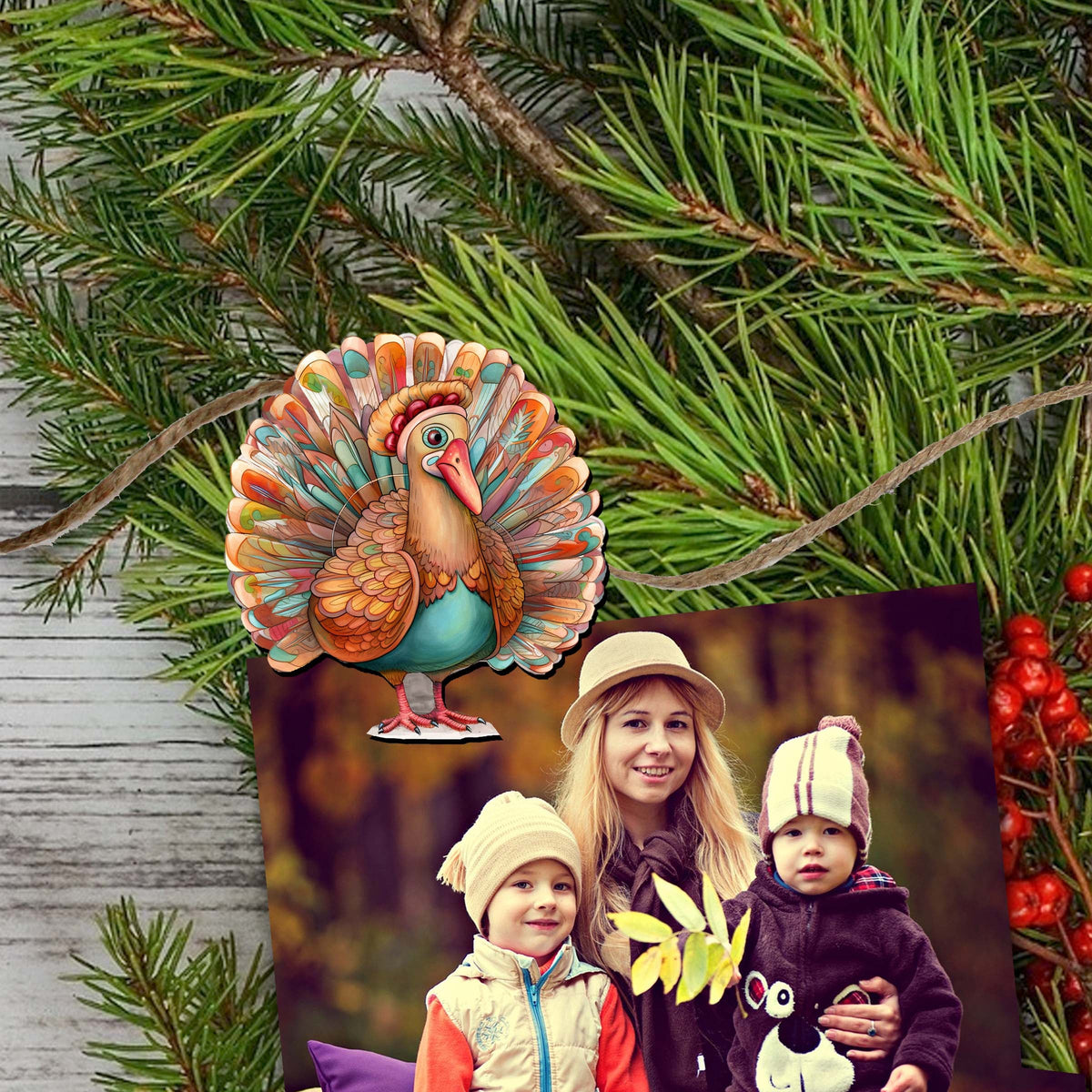 Turkey Clip-On Eco Wood Decorative Ornaments Set of 6 by G. Debrekht - Thanksgiving Decor - 8090027C-S6