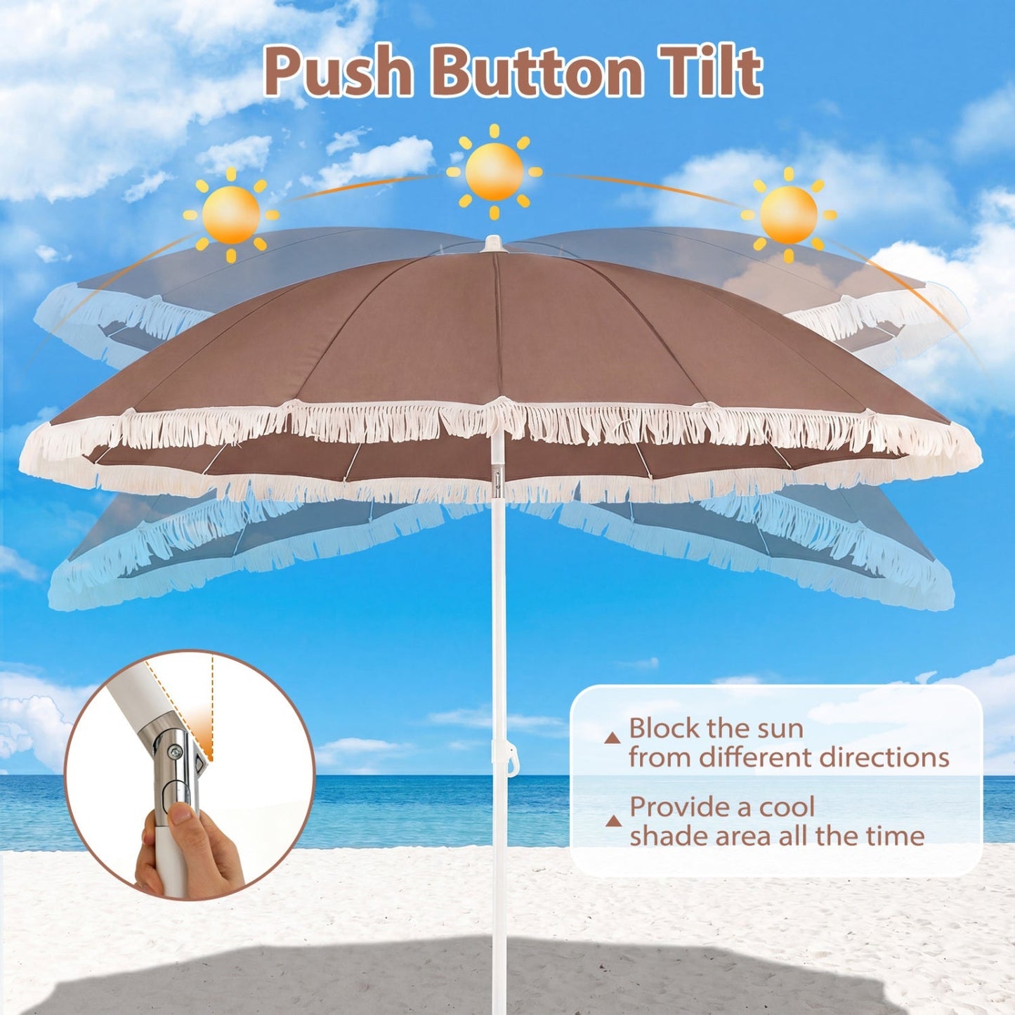 7 FT Patio Umbrella with Fringe Boho Tassel Umbrella for Outdoor Beach Garden Poolside