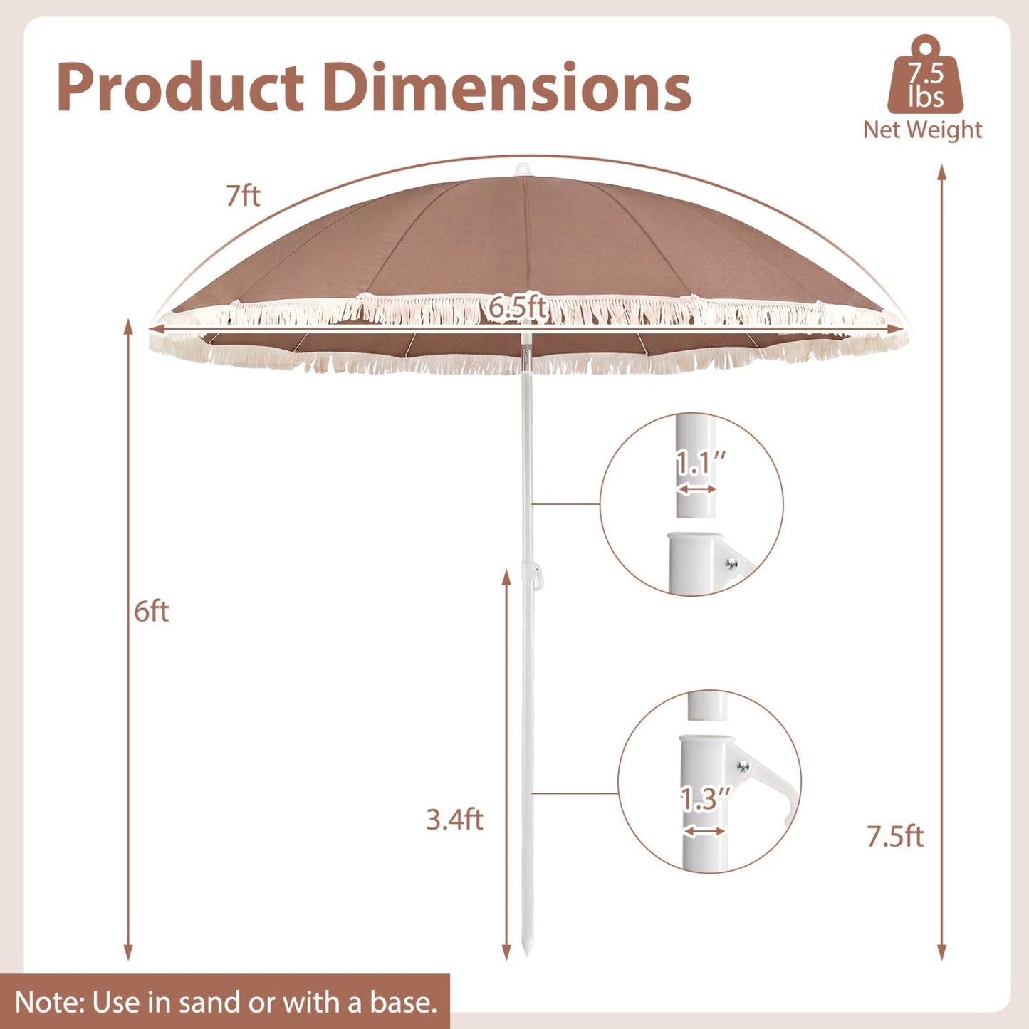 7 FT Patio Umbrella with Fringe Boho Tassel Umbrella for Outdoor Beach Garden Poolside