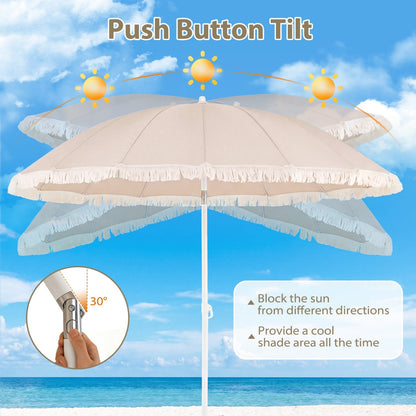 7 FT Patio Umbrella with Fringe Boho Tassel Umbrella for Outdoor Beach Garden Poolside