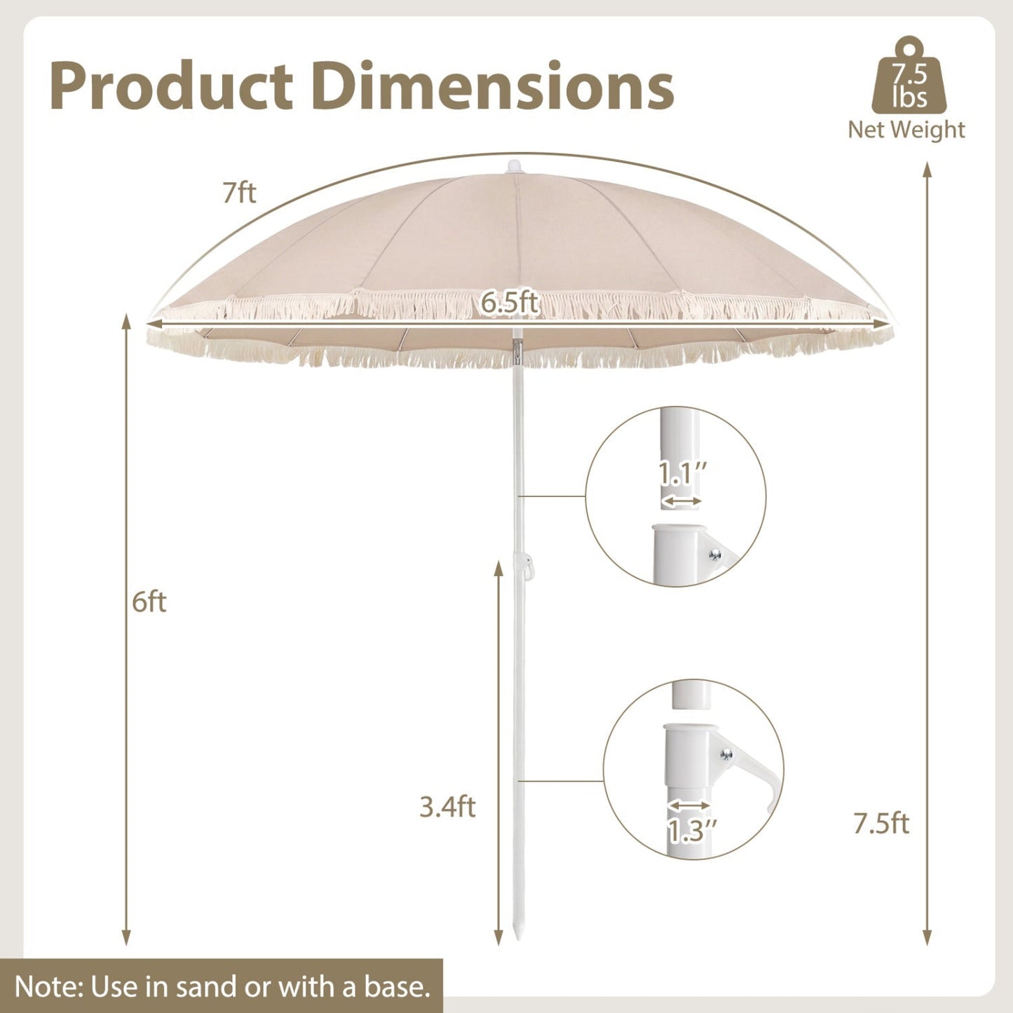 7 FT Patio Umbrella with Fringe Boho Tassel Umbrella for Outdoor Beach Garden Poolside