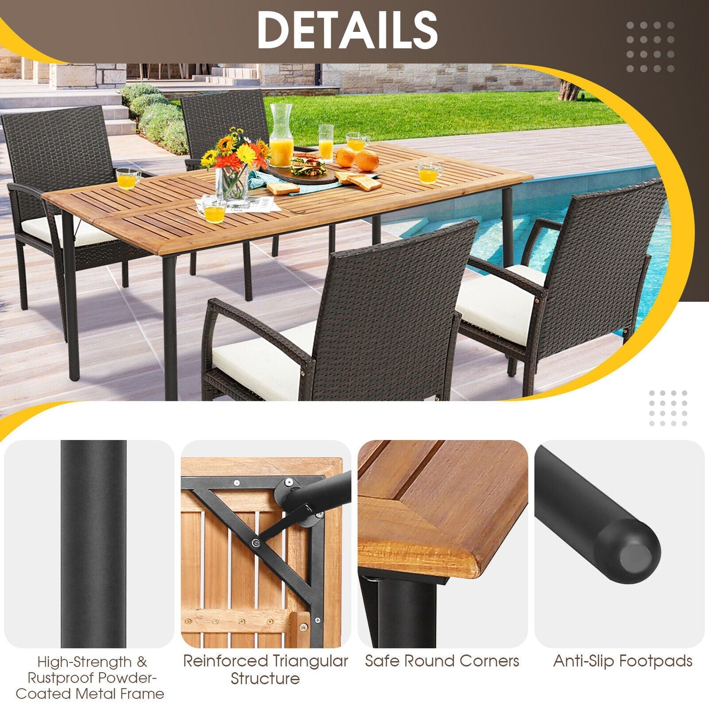 7 Pieces Patio Wicker Cushioned Dining Set with Umbrella Hole