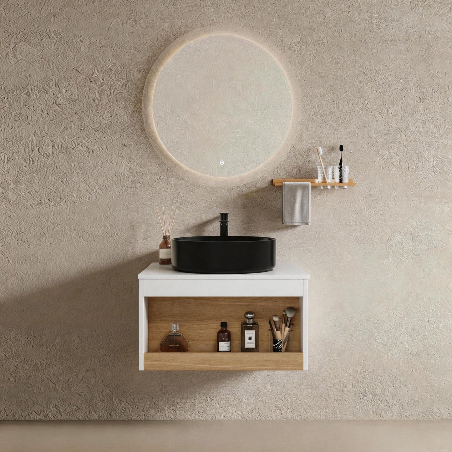 Floating Bathroom Vanity With Glossy Round Vessel Sink