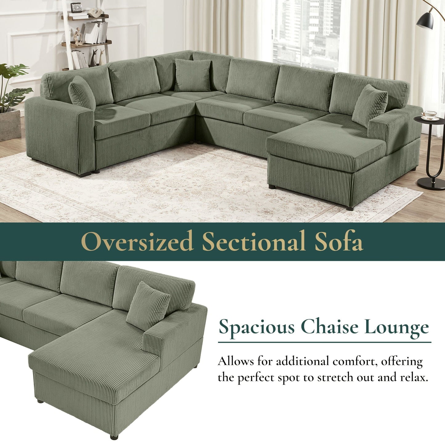 Oversized Sectional U-Shaped Sofa With Chaise Lounge And Three Soft Throw Pillows