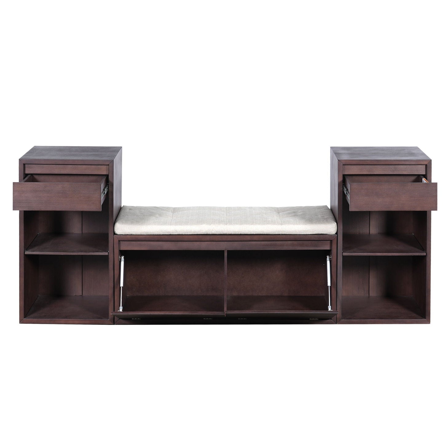 Entryway Storage Bench With Cushion, Drawers & Open Shelves