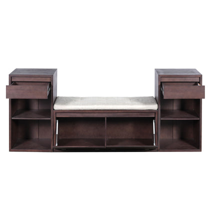 Entryway Storage Bench With Cushion, Drawers & Open Shelves
