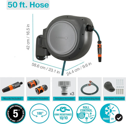 Retractable Hose Reel RollUp 50 ft. Auto retracting & ready-to-use