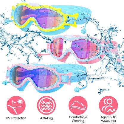 Kids Swim Goggles With Ear Plugs UV Protection Anti-Fog Leak Proof Wide View Pool Swimming Goggles For Youth Boys Girls Aged 3-16 Years Old Summer Bea