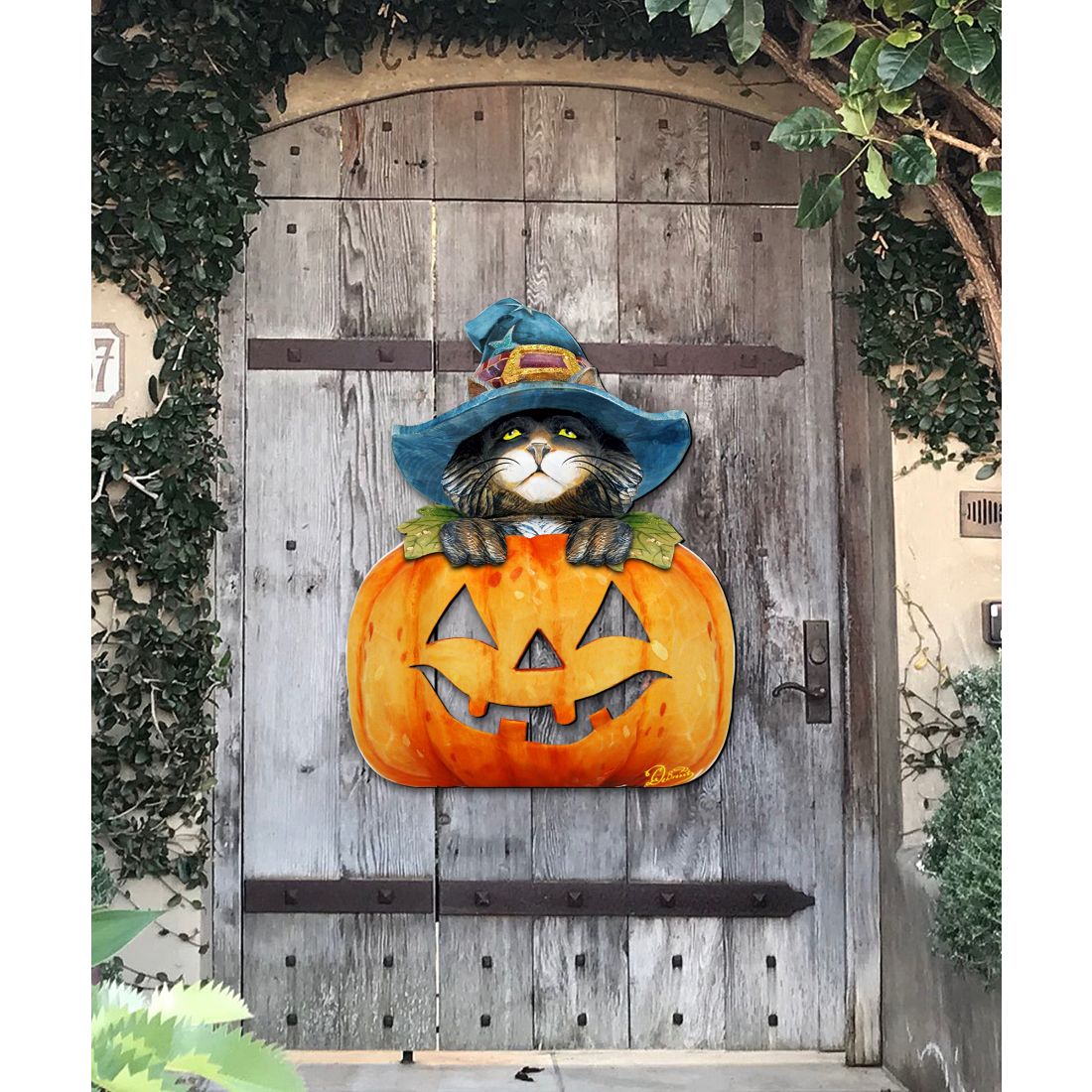 Black Cat pumpkin Halloween Door Decor by G. DeBrekht - Thanksgiving Halloween Decor - 8158416H