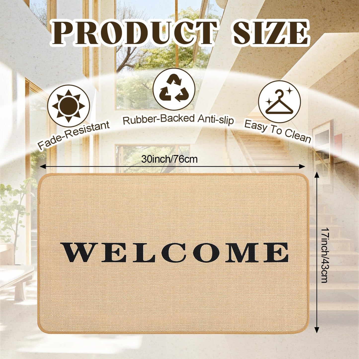 Woven Jute Braided Rug 30"x17" Welcome Front Door Mat with Non-Slip Backing for