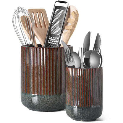 LE TAUCI Utensil Holder, 7.3"+5.4" Ceramic Cooking Tool Crocks for Countertop, Large Utensil Organizer for Kitchen Counter, Morden Kitchen Decor for Spatula and Flatware, Set of 2