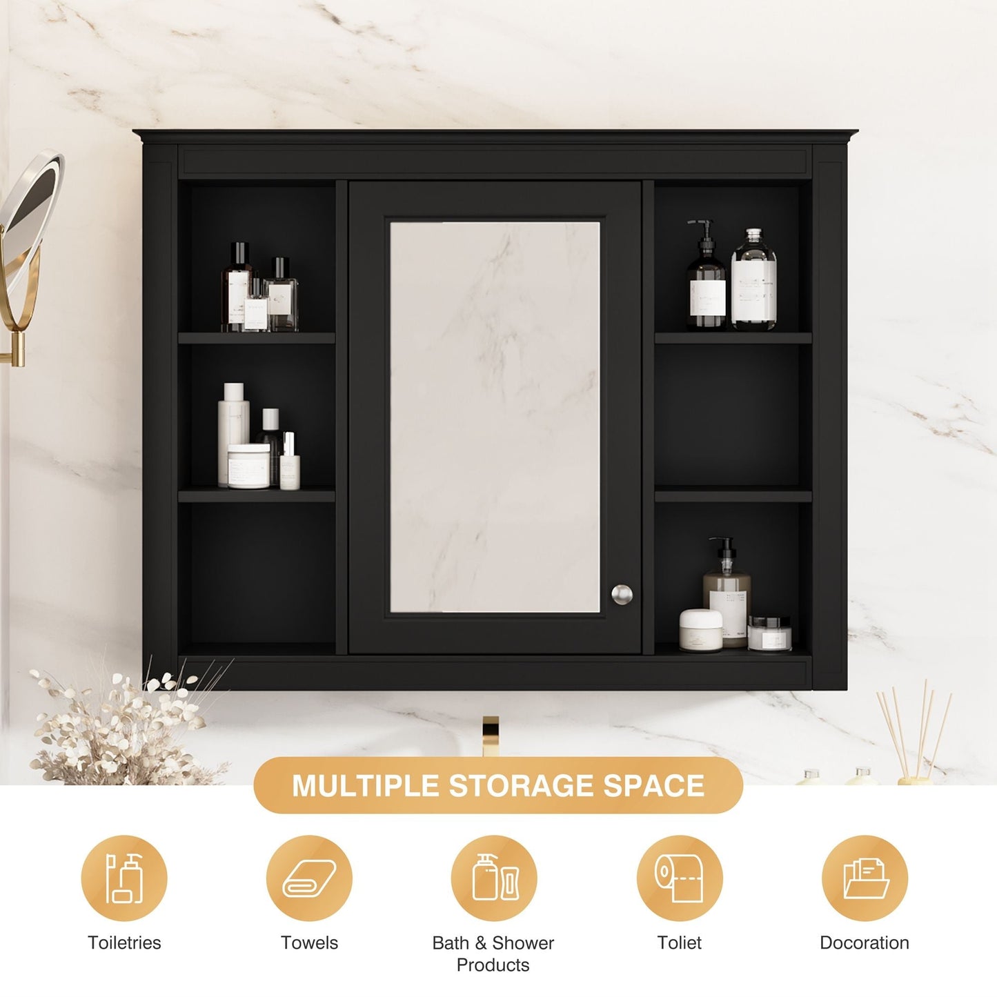 Wall Mounted Medicine Cabinet With Mirror, Storage Cabinet Featuring 6 Open Shelves And Adjustable Interior
