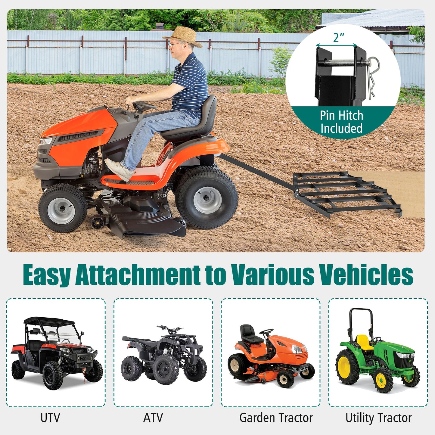 84 inch Wide Driveway Drag Tow Behind Landscape Leveling Rake with Reinforced Bars-Black