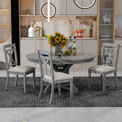 Dining Set With Extendable Round Table And 4 Upholstered Chairs