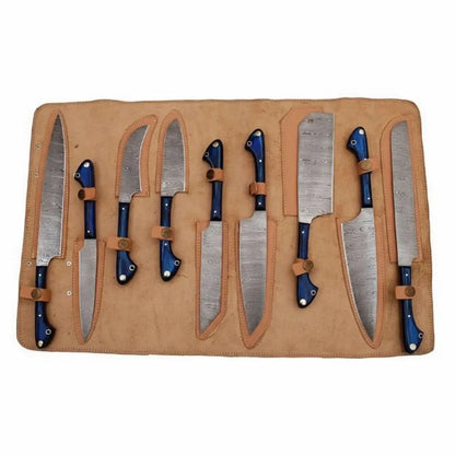 9-Piece Damascus Kitchen Knife Set with Leather Roll and Blue Pakka Wood Handles
