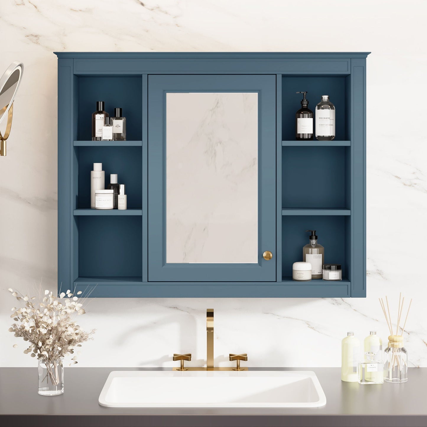 Wall Mounted Medicine Cabinet With Mirror, Storage Cabinet Featuring 6 Open Shelves And Adjustable Interior