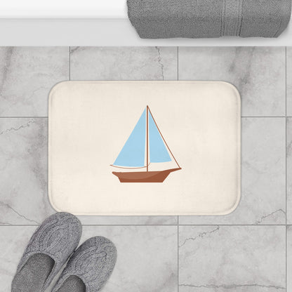 Nautical Vintage Sailboat Bath Mat, CREAM — Soft Coastal Bathroom Rug
