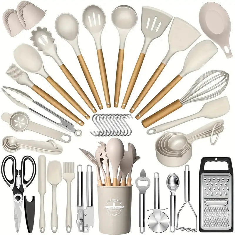 Wooden-Handle Silicone Kitchen Tool Set
