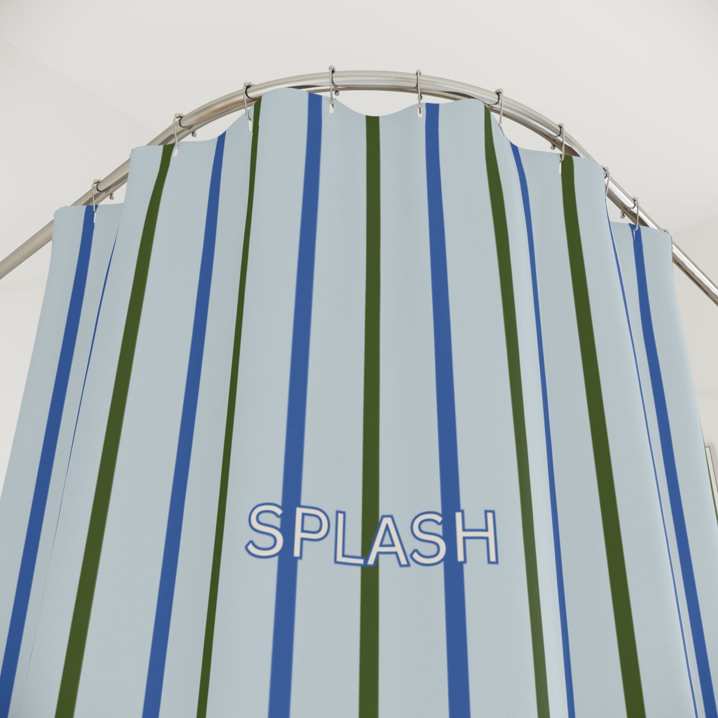 Striped 'SPLASH' Shower Curtain — Coastal Blue & Olive Bath Curtain
