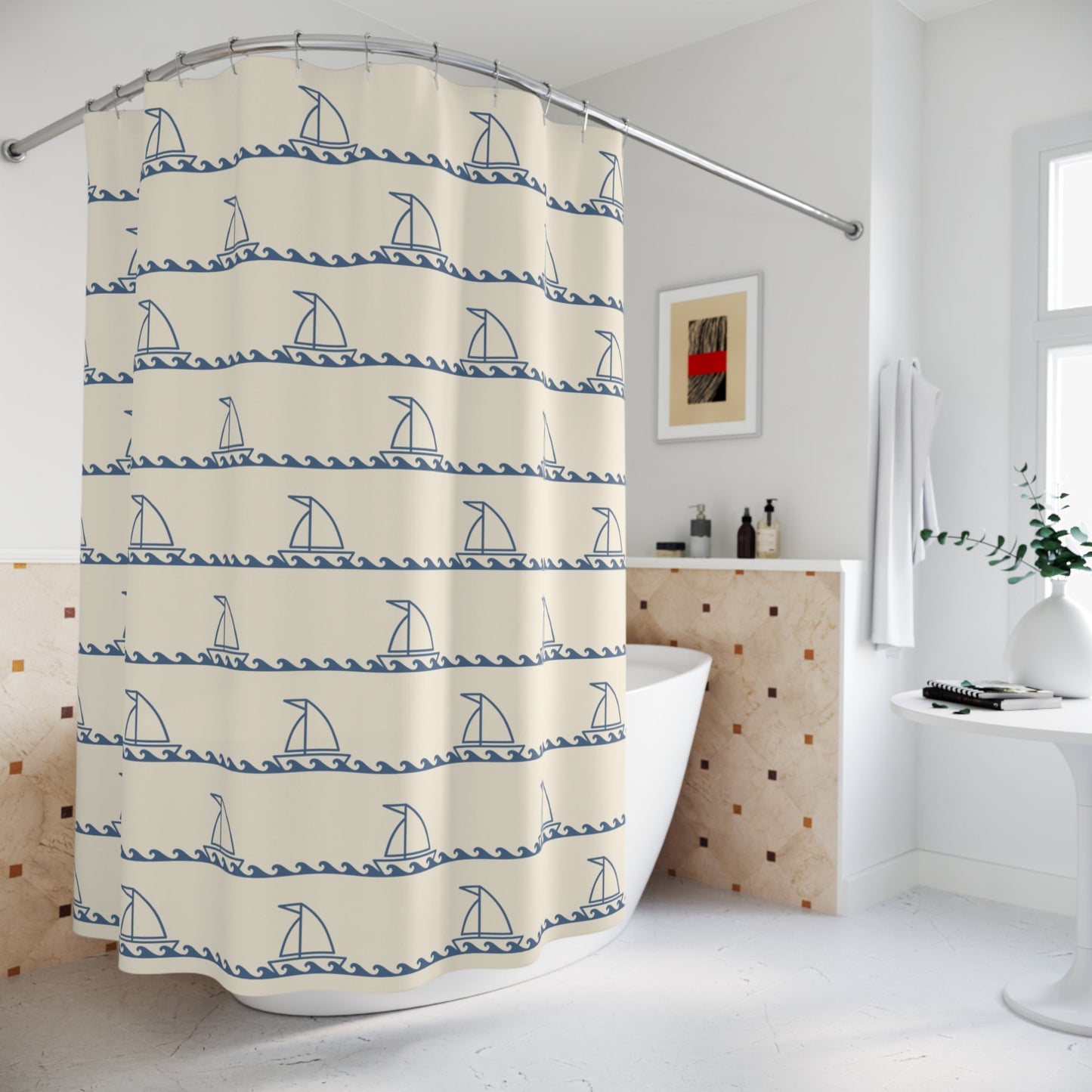 Nautical Shower Curtain — Sailing Boat Theme Bath Decor