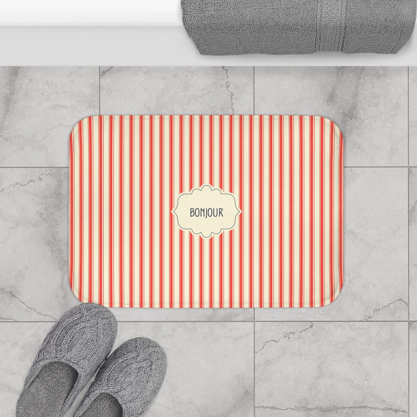 Bonjour RED Stripe Bath Mat — Vintage French Bathroom Rug