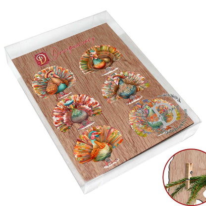 Turkey Clip-On Eco Wood Decorative Ornaments Set of 6 by G. Debrekht - Thanksgiving Decor - 8090027C-S6