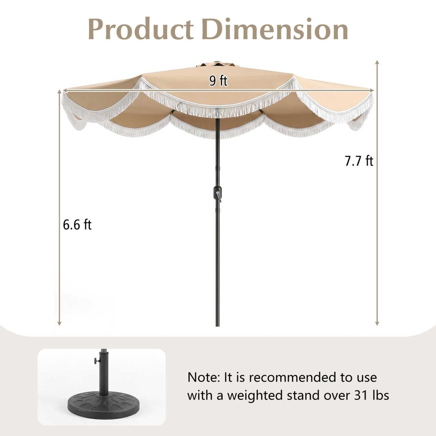 9 FT Outdoor Tassel Umbrella with Push Button Tilt
