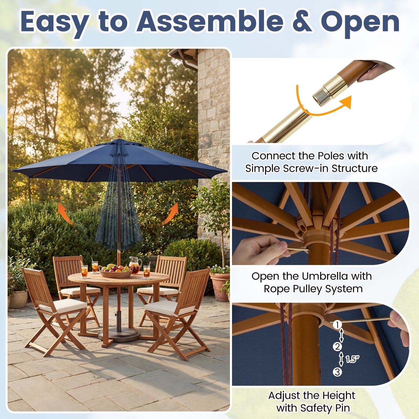 9 FT Patio Umbrella Outdoor Table Market Umbrella with 8 Sturdy Bamboo Ribs