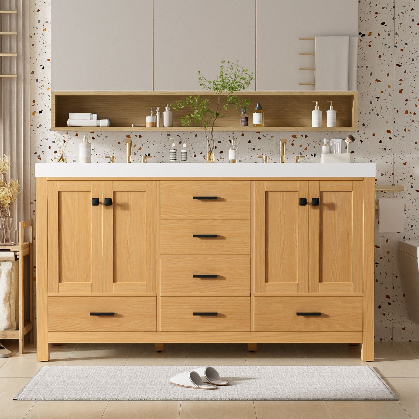Bathroom Vanity With Double Sink, Soft Close Doors & Drawers Handles - Wood