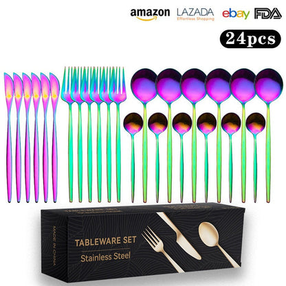 Cutlery Set Stainless Steel Knife Fork Set 24-Piece Tableware Set Golden Steak Knife Fork Spoon 6-Person Set