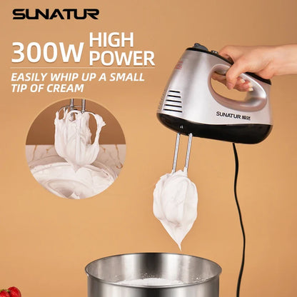 SUNATUR 300W Electric Hand Mixer - 5-Speed Egg Beater with Storage Base&Stainless Steel Attachments