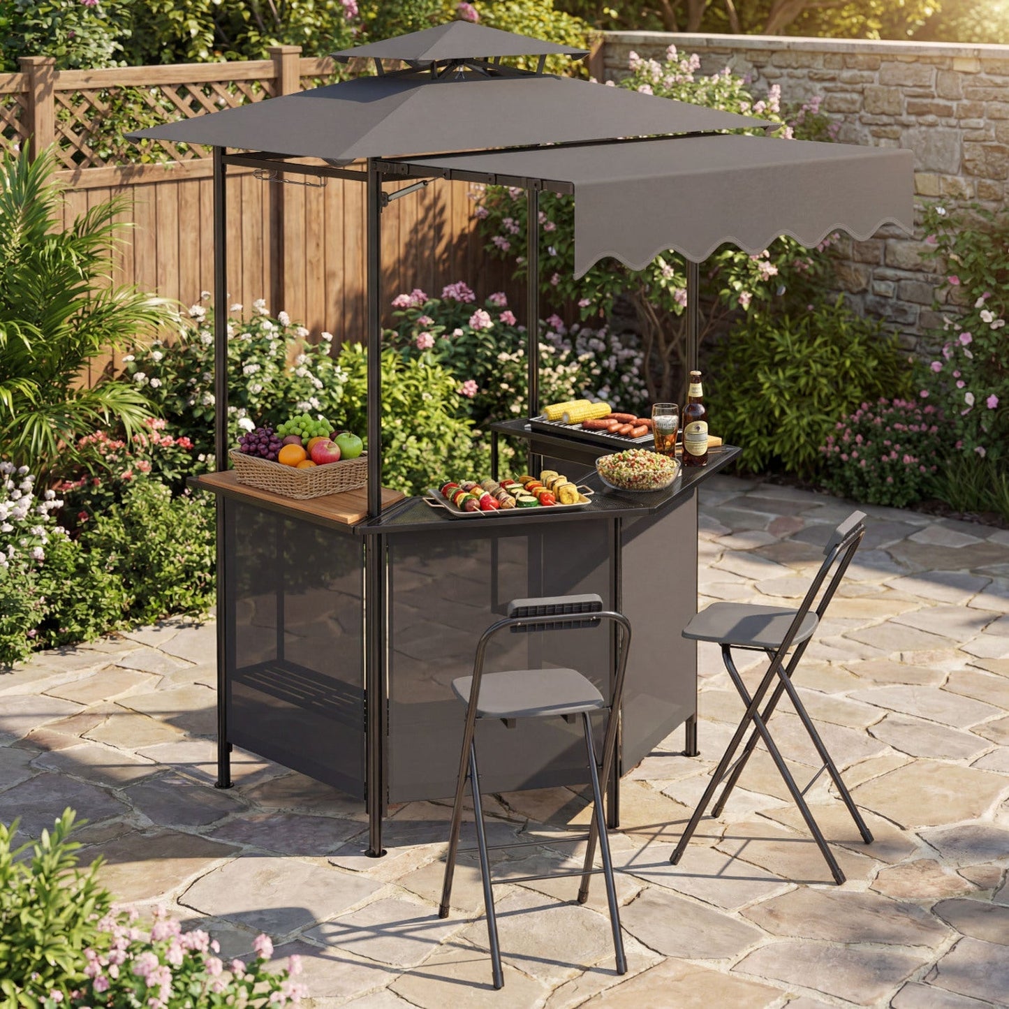 Grill Gazebo with Shelves, Hooks & Double Roof Canopy