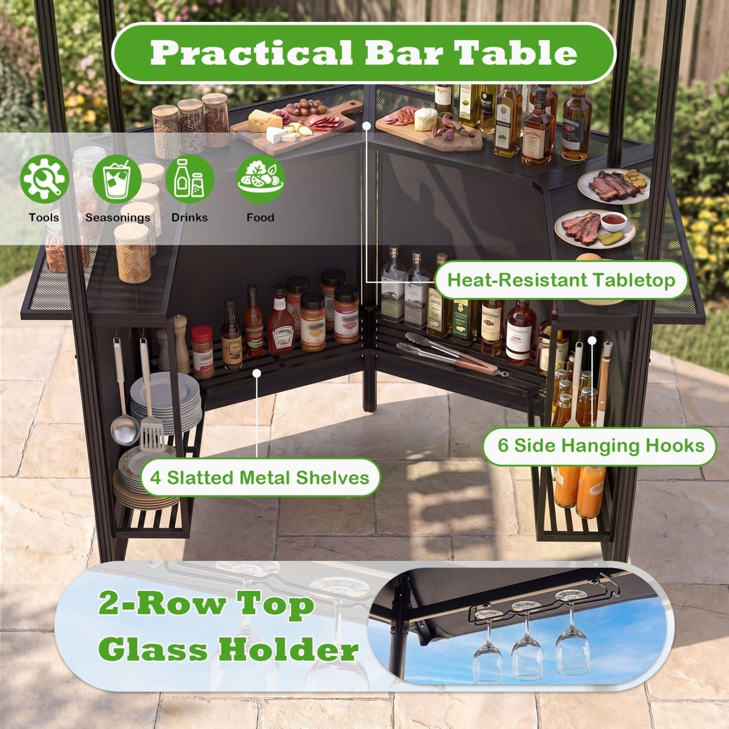 Grill Gazebo with Shelves, Hooks & Double Roof Canopy