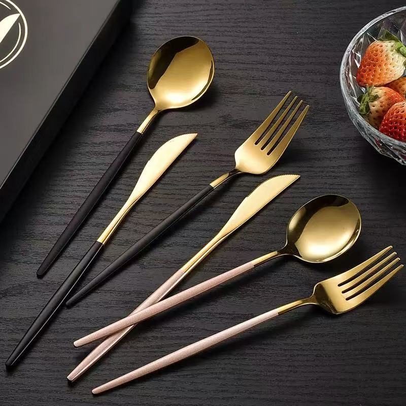 Stainless Steel Cutlery Set with Portuguese Gold Spray Painted Steak Knife, Fork, Spoon, and Tea Spoon 4-Piece Gift Pack