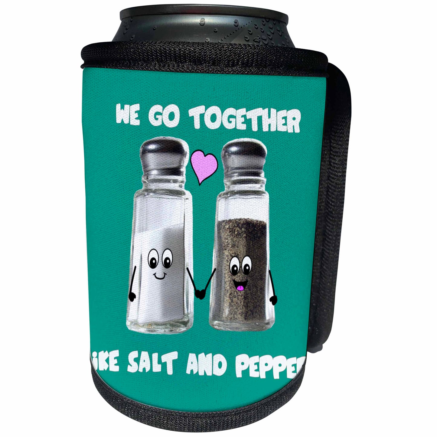 3dRose InspirationzStore Cute Food - We go together like salt and pepper - Cute smiling cartoon condiments shakers in love - Turquoise - Can Cooler Bottle Wrap (cc_58327)
