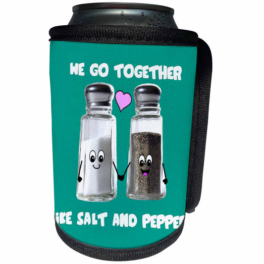 3dRose InspirationzStore Cute Food - We go together like salt and pepper - Cute smiling cartoon condiments shakers in love - Turquoise - Can Cooler Bottle Wrap (cc_58327)