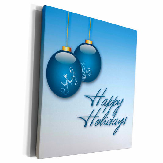 3dRose Decorative Blue Christmas Ornaments and Happy Holidays... - Museum Grade Canvas Wrap (cw_33711)