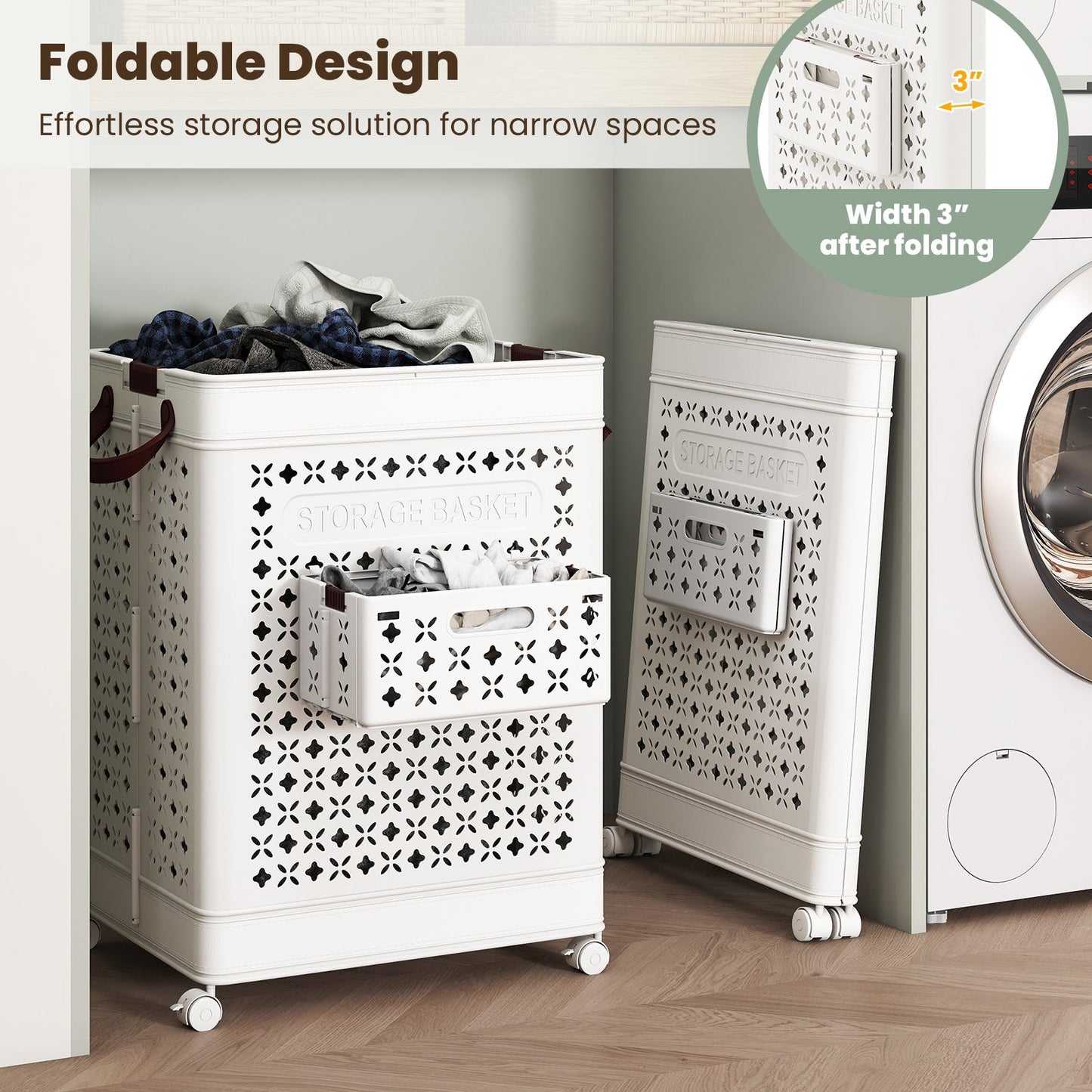 Collapsible Laundry Basket 20 Gallon Plastic Storage Bin-White