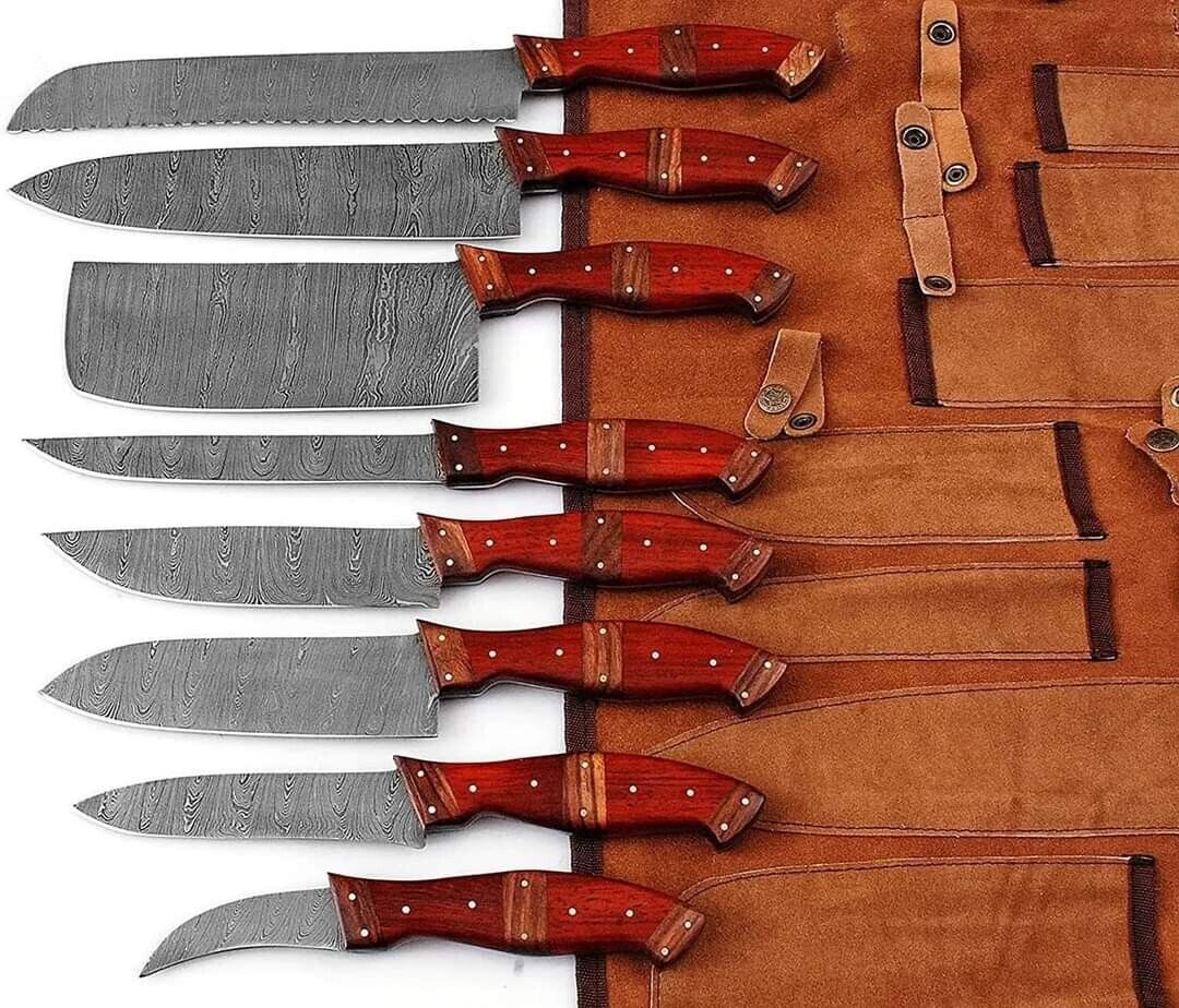 Custom Handmade Damascus Kitchen Knives Set - Rosewood & Pakkawood Handles