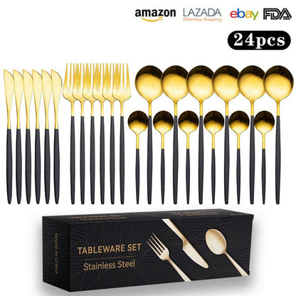 Cutlery Set Stainless Steel Knife Fork Set 24-Piece Tableware Set Golden Steak Knife Fork Spoon 6-Person Set