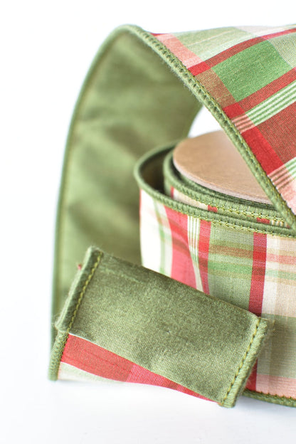 2.5" x 10yd Red/Green/Tan Plaid Dupioni Silk Ribbon