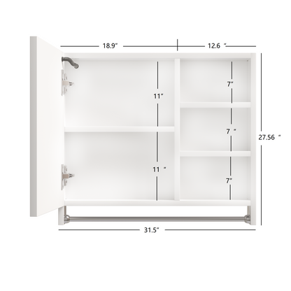Modern 32x28 inch bathroom storage cabinet with mirrors, LED lights, multi-layer storage compartments, and towel racks