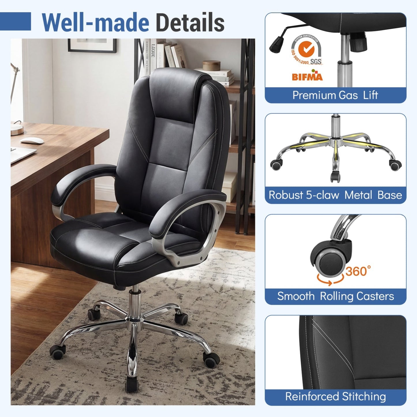 Ergonomic Leather Office Chair with Padded Armrests and Rocking Backrest