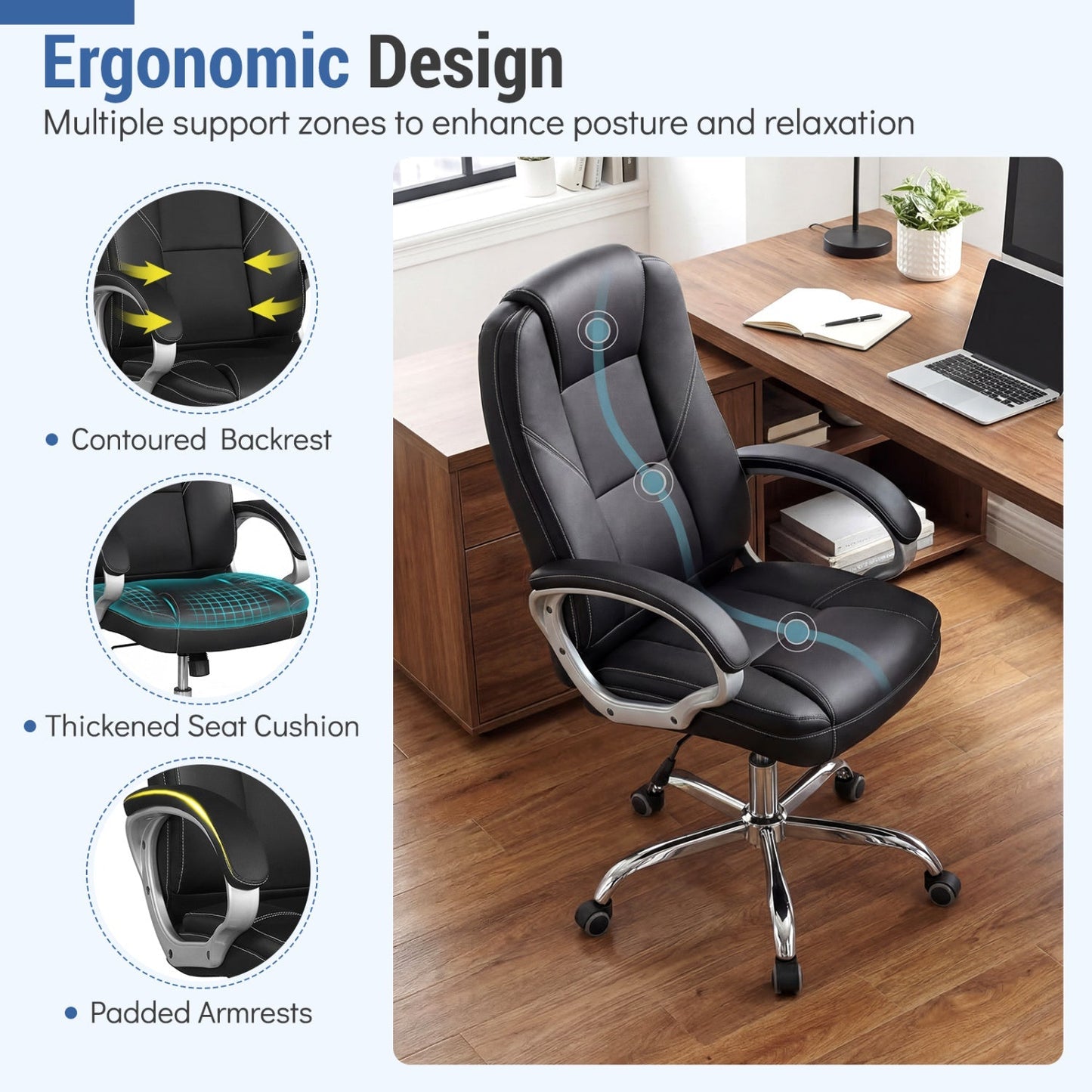 Ergonomic Leather Office Chair with Padded Armrests and Rocking Backrest