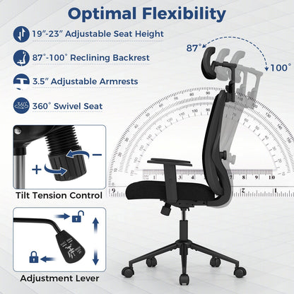Ergonomic Office Chair with 3D Headrest and Reclining Backrest-Black