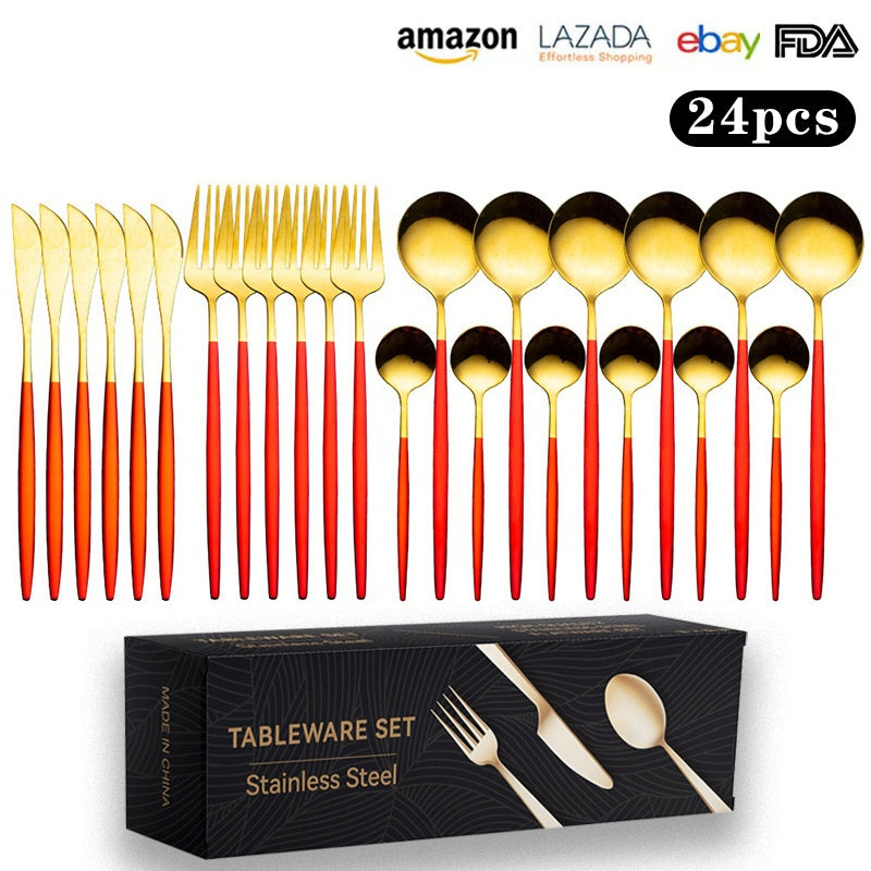 Cutlery Set Stainless Steel Knife Fork Set 24-Piece Tableware Set Golden Steak Knife Fork Spoon 6-Person Set